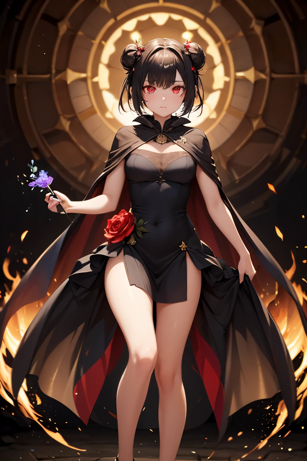 full body, glowing movement lines , dress, transparent cape,expressive eyes, perfect face, darkness ,red eyes, black short hair, hair buns, golden shimmer in eyes, glowing eyes, red, blue horns, glowing flower, holding flower infront face,( illusion,masterpiece, hyperdetailed, 4k, 8k, high resolution, detailed eyes, best quality)