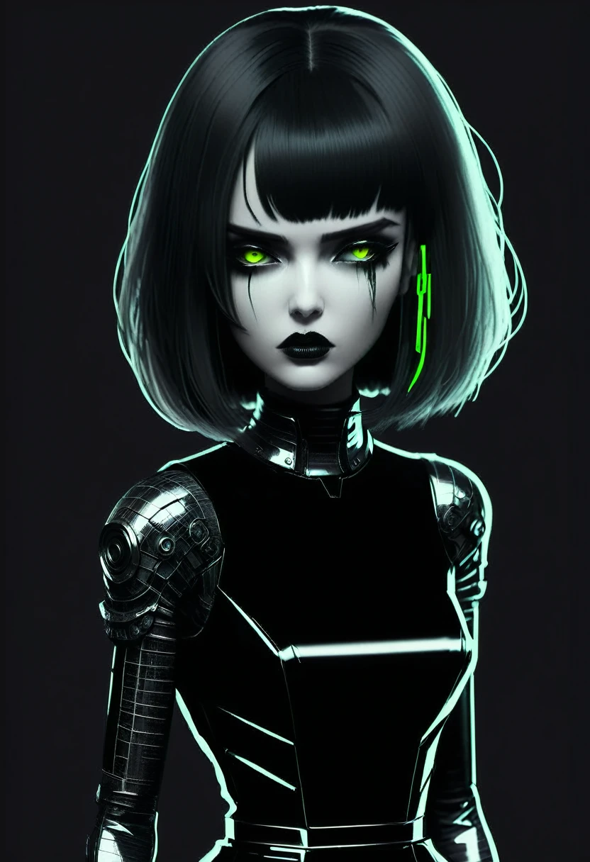 (best quality, sketch1.2), realistic, illustrator, anime, 1 girl, detailed lips, black dress8, custom, (background dark monochrome), neon hair, textured cropping, masterpiece, style retro classic, noir dark, art, sketch book, (bob hair black1.75 neon1.32), bad women, dark shadow