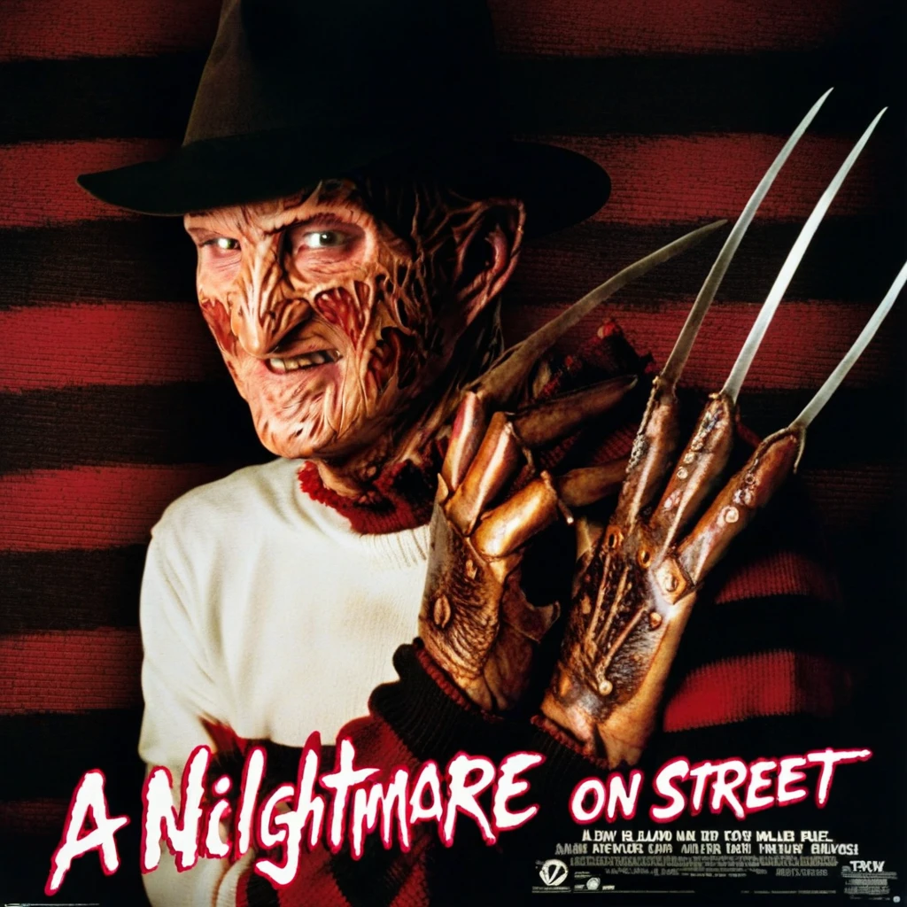 a vintage movie poster of " A nightmare on elm street" with Freddy Krueger in the middle, a white clothes NUN on the left and a blond femake ager on the right