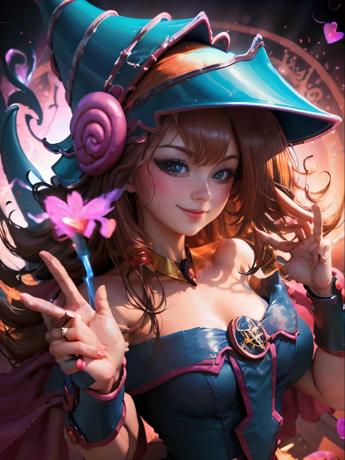 dark magician gils. Making the sign of peace and love with your fingers, smile and wink. She winks . Magic of hearts in the air. Sensual and seductive pose. Mystical magic background 