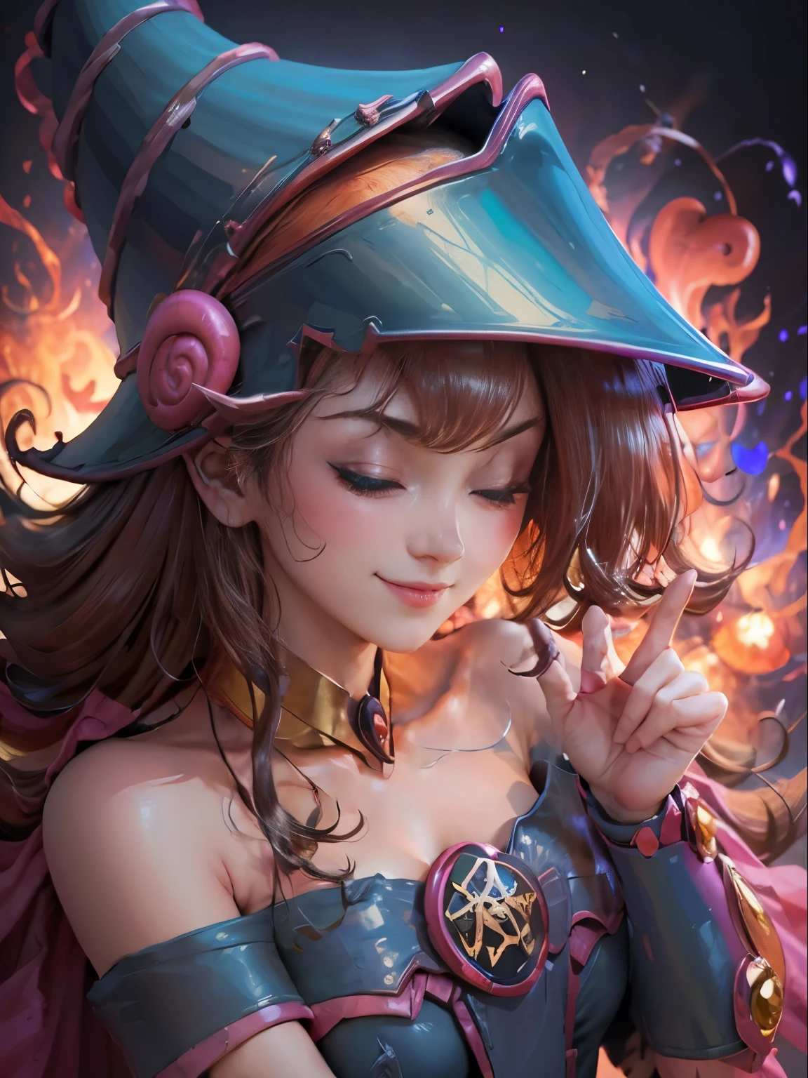 dark magician gils. Making the sign of peace and love with your fingers, smile and wink. She winks . Magic of hearts in the air. Sensual and seductive pose. Mystical magic background 