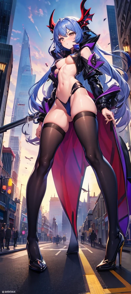 A colossal giantess succubus walks into a tiny city, breaking the floor and everything with her heels, she looks down and mocks you as you see from below her tiny tits and long legs covered all in transparent pantyhose, look down, evil, better quality, close, photo under her, tiny people, small humans, sexy, hot, long legs, hot legs