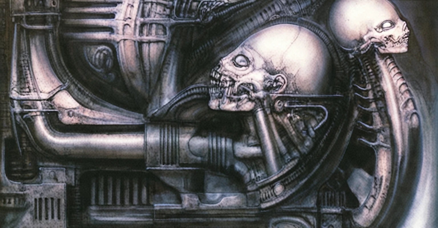 g1g3r, The image is a detailed view of H.R. Giger's \" Landscape XVI \" plate, featuring a complex network of bones and organs in a purple-brown hue ,swirling gray and brown colors. The artwork is silver and purplish brown, with an ivory bones prominently displayed. The image is highly detailed and intricate, almost like a 3d version of a medical diagram
The image is an artistic representation of a mechanical structure with pipes and gears, with a skeletal creature and a windmill blade.
The image depicts a surreal, anatomical illustration of a alien body with a skeleton inside, surrounded by a network of tubes and pipes.
biomechanical landscape by Hans Rudie Giger composed of fossilized and mummified alien life forms. Image depicts a strange and dreamlike, combines biological and mechanical ,managed to dreamlike quality. Centralized recognizable shapes of skulls, rib cages, and spines, all intertwined with tubes and cables. These shapes suggest fossilized mummified alien life forms. Central skeletal structures and what appears to be a ribcags of ivory in the foreground are the most identifiable organic elements. The mechanical elements are evident in the wires and tubes emanating from the skeletals, as well as the smooth metallic tubes. In the background shapes are visible that could be interpreted as other fossilized or mummified alien life.
Light source from the top highlights skeletals, upper part of foreground, lower part of image is in shadow.
The piece is a tableau, most likely created with a India ink pen or pencil on paper, determined by the thin lines, shading techniques, and the texture of the paper, which is visible around the edges.
used is pen, given the shading and variations in line weight visible in the image. One have used a variety of pencils with different degrees of hardness to achieve the shading effects
The style is clearly biomechanical. Features combination of organic and mechanical forms. Mechanical elements dominate the composition