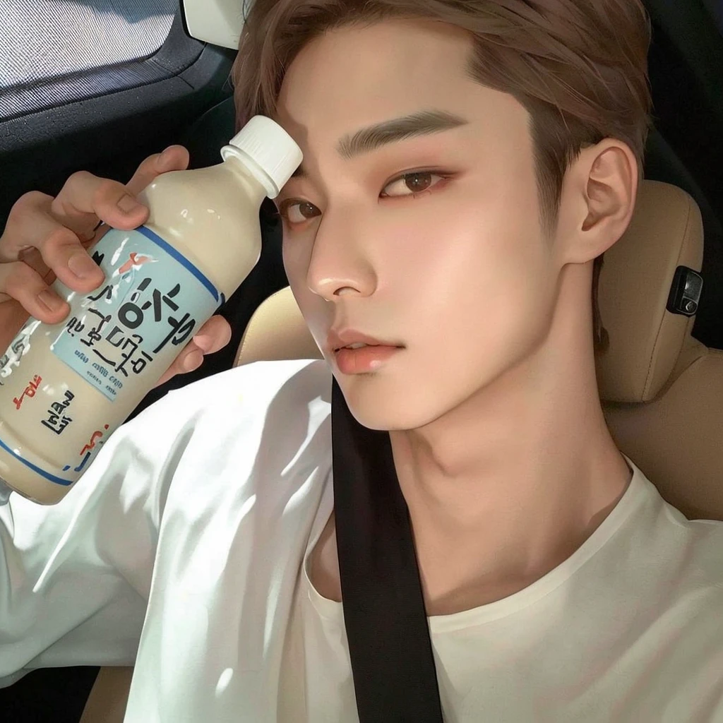 arafed asian man in a car with a bottle of milk, kim doyoung, taejune kim, hsiao-ron, hyung tae, jung jaehyun, south korean male, cai xukun, jinyoung shin, xqc, soymilk, hong june hyung, leaked image, male ulzzang, popular south korean makeup, milky white skin