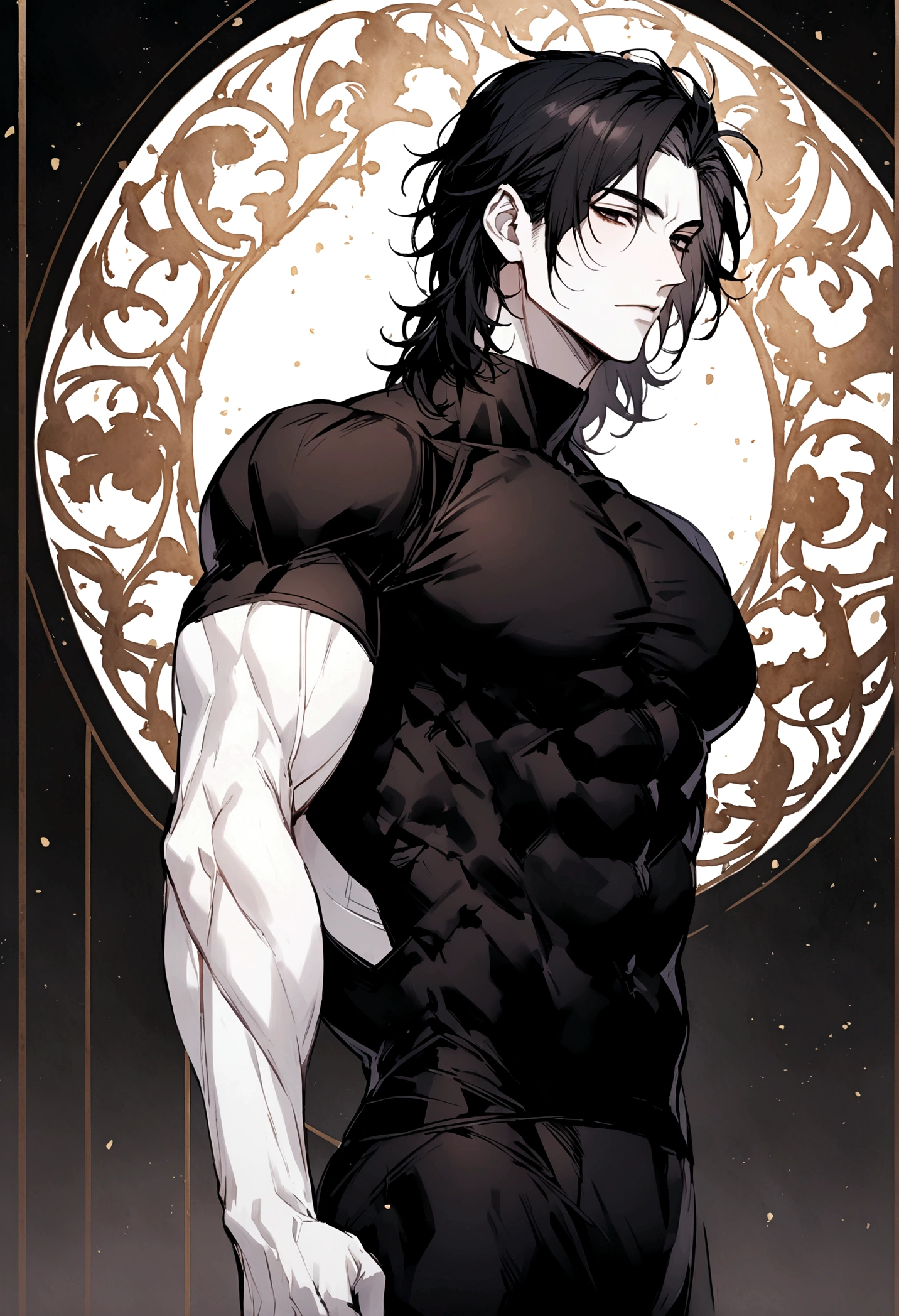 Male, Black hair, medium hair, black eyes, dark clothes, kind of Muscular, white skin, compression shirt, toned body type