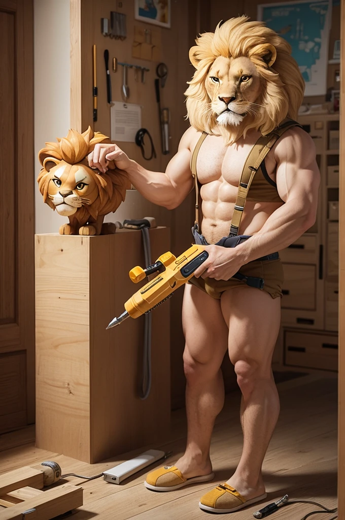 Builder lion in drawing style with a screwdriver in one of his hands