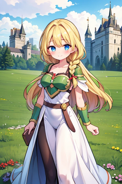 alone, one girl, Valkyrie, blonde, braid, single braid, cute, happy, nice smile, young, bright sunlight, Full body image, Are standing, dance, (masterpiece:1.2), best quality, masterpiece, top quality, looking at viewer, castle, castle gate, flowers, shining eyes, blonde hair, long hair, blush