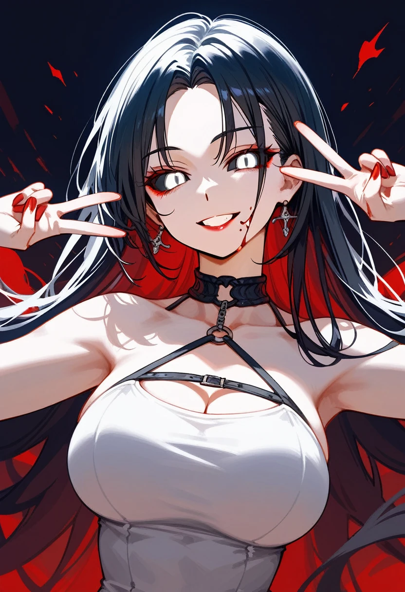 masterpiece, zoom out, score_9, score_8_up, score_7_up, portrait, 1 girl, alone, black hair, long hair, long parted bangs, white eyes, black sclera, (blood tears, small smile), evil, parted lips, expressionless, big breasts, upper body, V-neck strap basic dress, black bottom, best quality, long split bangs, Long parted bangs