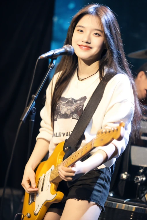 ((best quality)), ((masterpiece)), (detailed), 1girl, beautiful straight black long hair , beautiful smile ,sexy pose , standing position , rock jacket , top crop shirt , short pants , playing guitar , music studio background , rock guitar