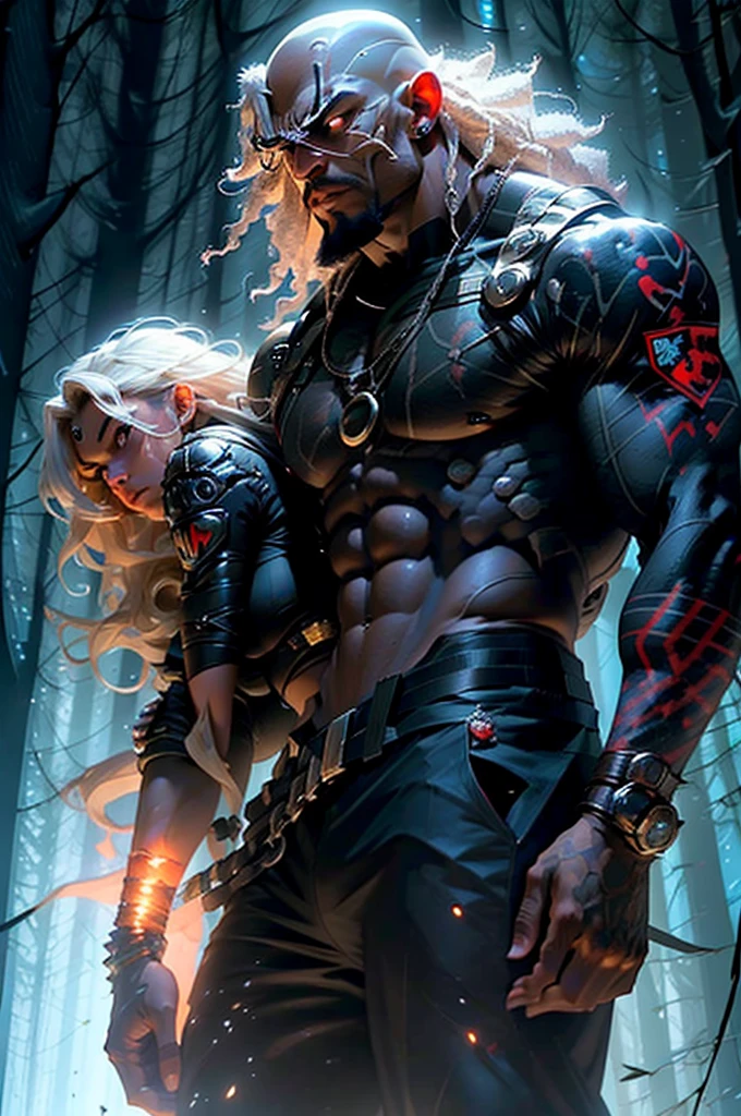 A muscular young rebellious and wild black male werewolf monster (afro) bald and bearded man side by side with a beautiful exuberant and perfect young white woman, blonde haired ariana, very long detective, Policerman, investigator in uniform and armed traveling through a forest at night running courageously together facing the shadow monsters in an incredible hunt against the dangerous monster Wendigo