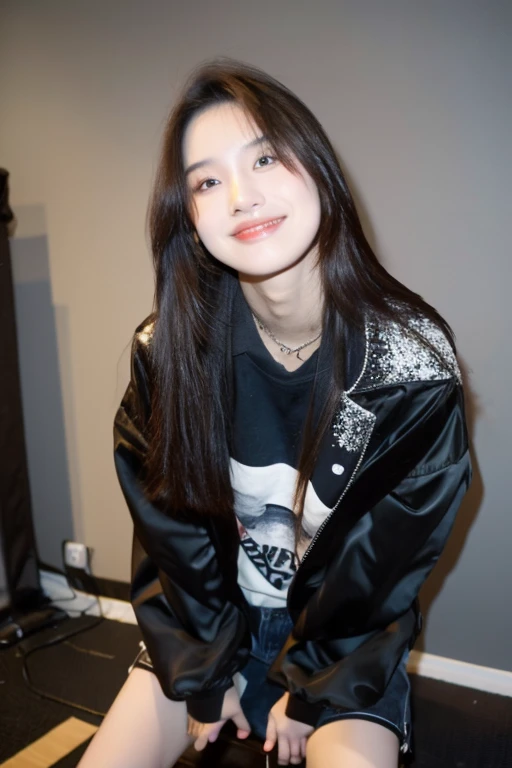((best quality)), ((masterpiece)), (detailed), 1girl, beautiful straight black long hair , beautiful smile ,sexy pose , standing position , rock jacket , top crop shirt , short pants , playing guitar , music studio background , rock guitar