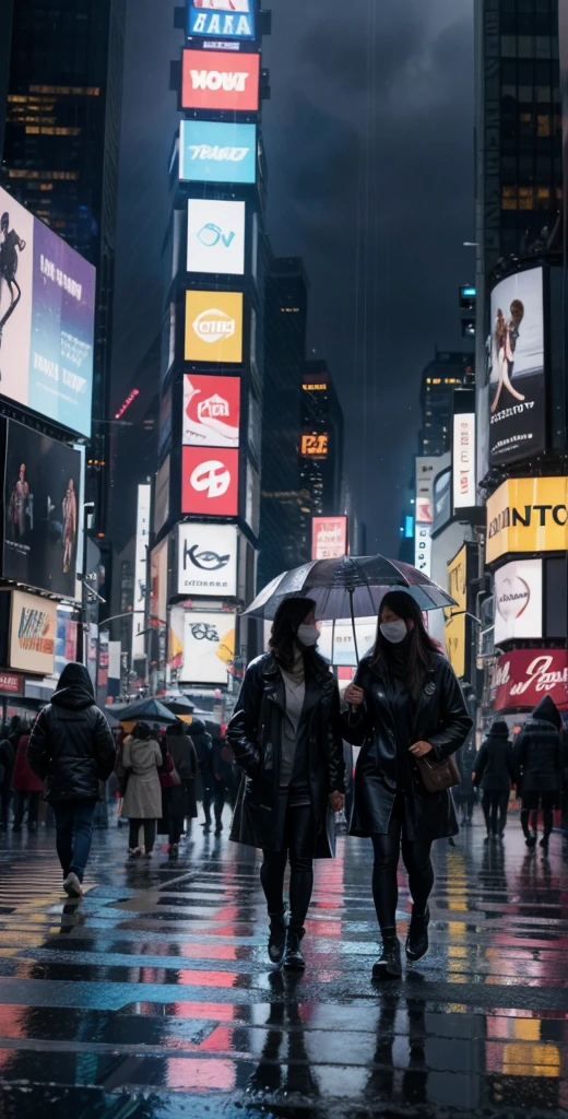 Time square, ultra realistic, hard rain, people walking, age 2024