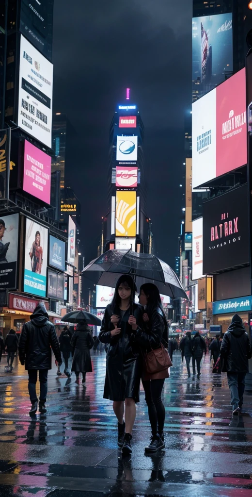 Time square, ultra realistic, hard rain, people walking, age 2024