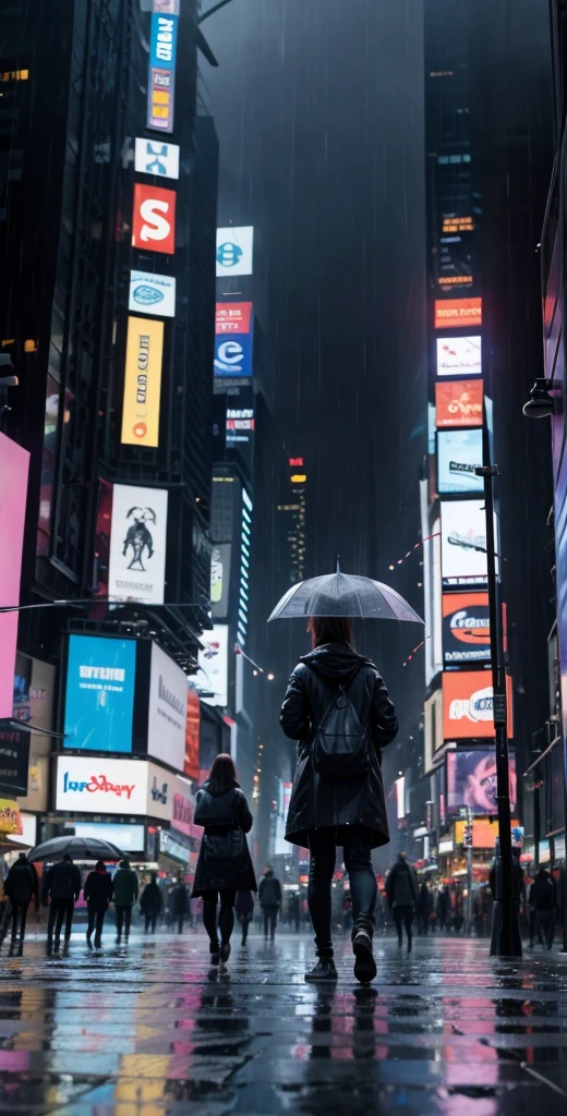 Time square, ultra realistic, hard rain, people walking, age 2024