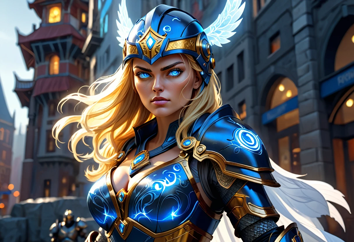 a full body shot of a woman with her fists up ready to fight, grim expression warzone background. A blonde woman, (glowing blue eyes), pretty face, full face, medium length straight hair over one shoulder. she wears shiny dark blue armor with gold trim (deep v-neck and exposed cleavage:1.4) large breasts, Natural skin texture, detailed skin. City scape background. , hex pattern on armor, intricate runes carved on armor, reflective surface, and a (Norse helmet with wings on the side covers her head:1.3), intricate details, armored glove, (left glove is gold with gemstones and runes). a stern expression on her face. (highres:1.3) (4k,8k,best quality, masterpiece), full-body image, volumetric lighting, lens flare. power radiates from her glowing blue eyes, bright white and blue electricity fills the air around her, shadows emphasize her majestic power