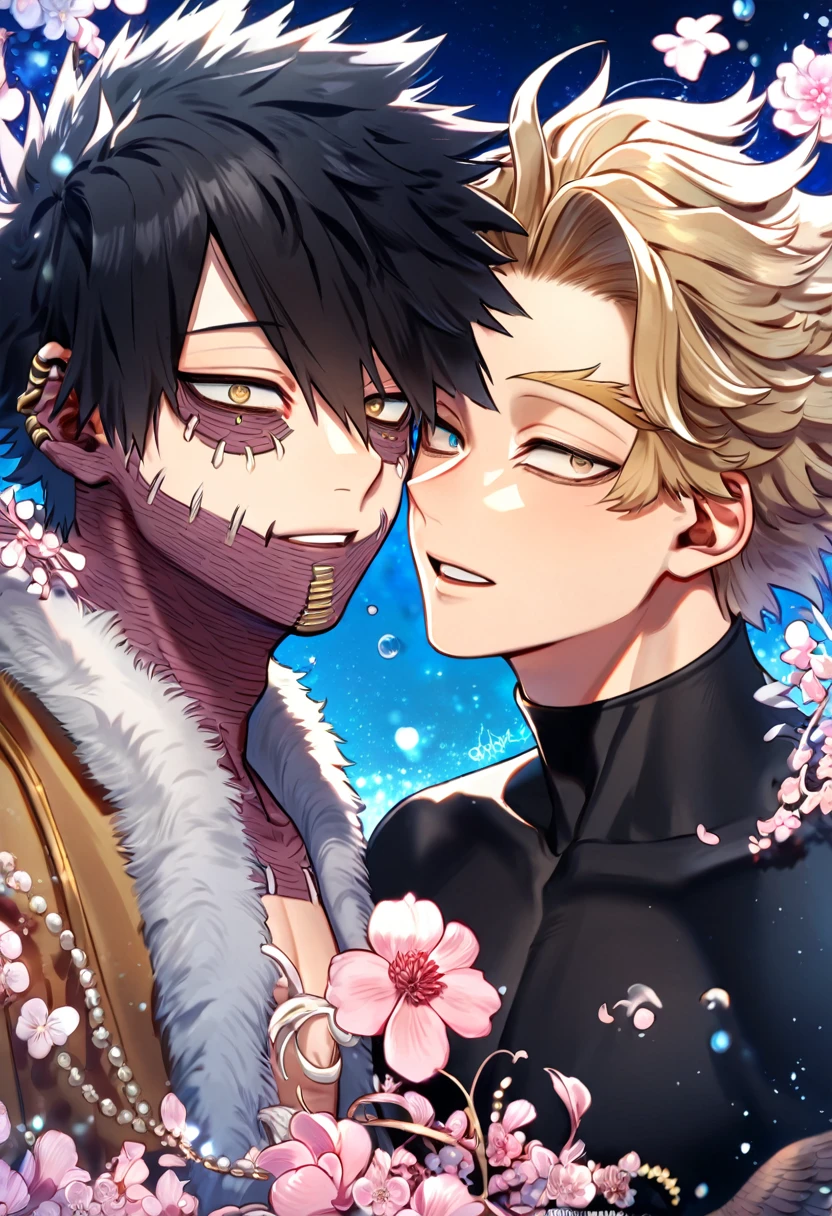 absurdres, highres, ultra detailed, HDR, master piece, best quality, extremely detailed face, delicated features, Hawks, ash blond hair, expressive brown eyes, Boku No Hero Academia, Dabi, black hair, expressive turquoise eyes, two sexy men together, yaoi, gay couple, handsome, brown jacket with fur, black tight shirt, black coat, fantasy, magic, radiant, blue moon, fireflies, blossoms, pink flowers