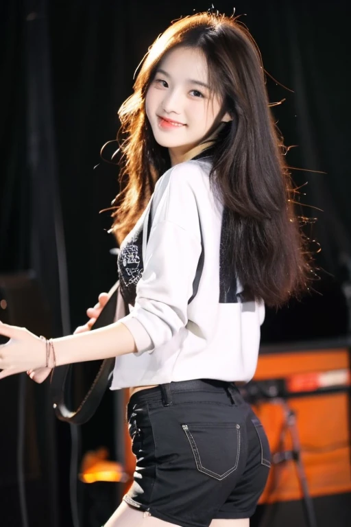 ((best quality)), ((masterpiece)), (detailed), 1girl, beautiful straight black long hair , beautiful smile ,sexy pose , standing position , rock jacket , top crop shirt , short pants , playing guitar , music studio background , rock guitar