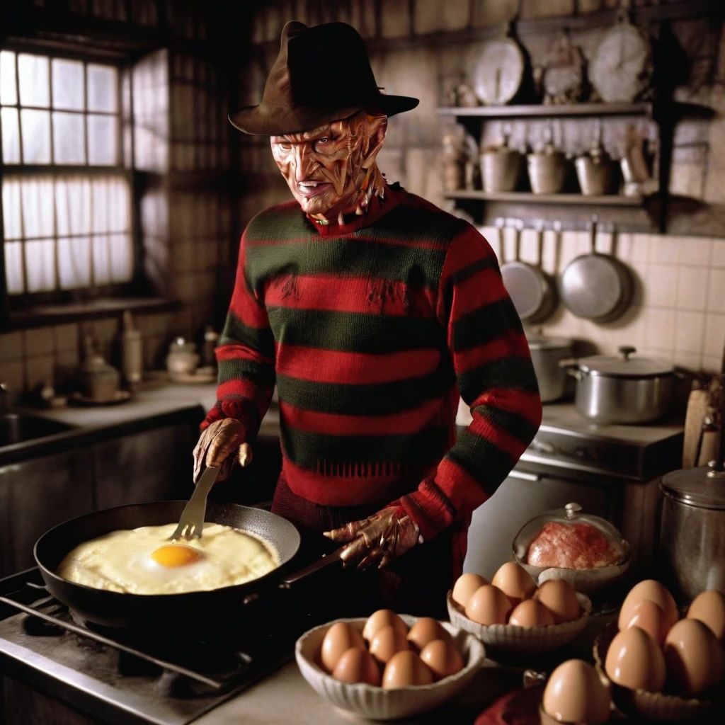 Freddy Krueger in then kitchen cooking eggs