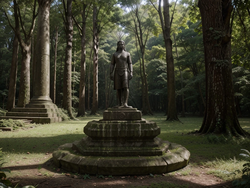 there is a stone statue in the middle of a forest, unreal maya, promotional movie still, by Simon de Vlieger, ruins, by Víctor Manuel García Valdés, aspect ratio 16:9, ps 3 graphics, quetzal, cinema still, filmstill, inspired by James Cadenhead