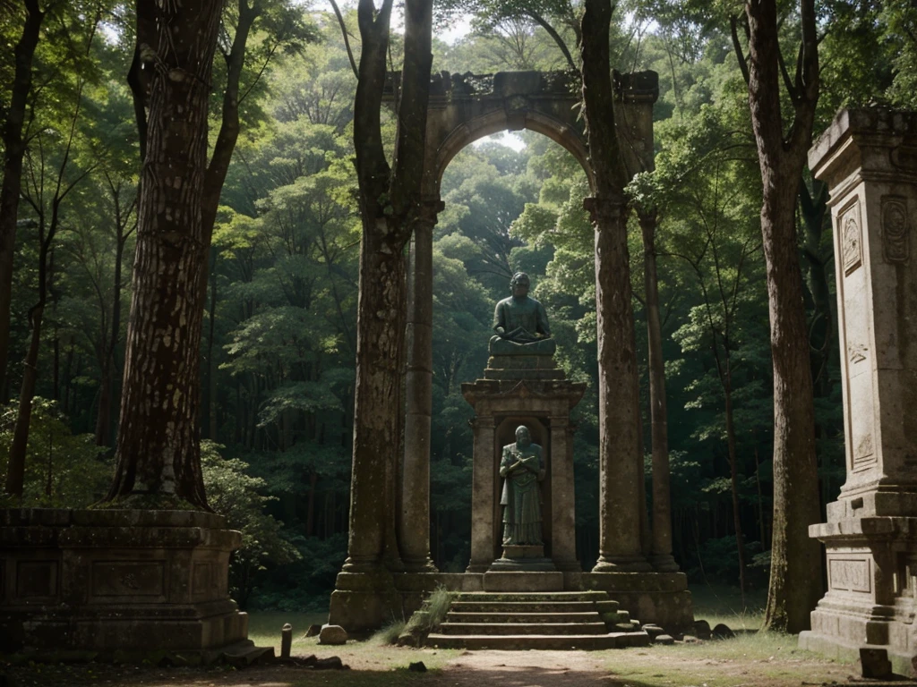 there is a stone statue in the middle of a forest, unreal maya, promotional movie still, by Simon de Vlieger, ruins, by Víctor Manuel García Valdés, aspect ratio 16:9, ps 3 graphics, quetzal, cinema still, filmstill, inspired by James Cadenhead