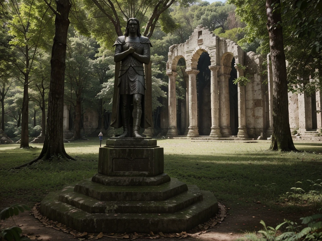 there is a stone statue in the middle of a forest, unreal maya, promotional movie still, by Simon de Vlieger, ruins, by Víctor Manuel García Valdés, aspect ratio 16:9, ps 3 graphics, quetzal, cinema still, filmstill, inspired by James Cadenhead
