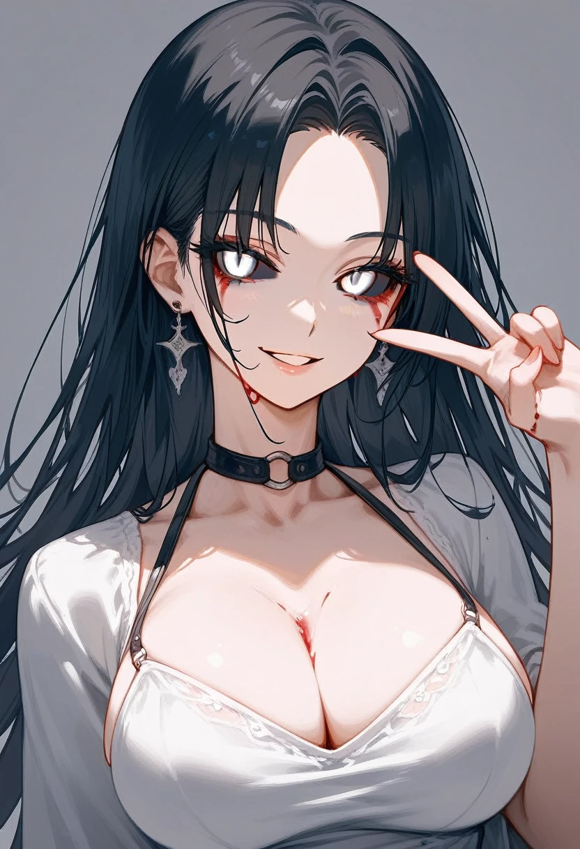 masterpiece, zoom out, score_9, score_8_up, score_7_up, portrait, 1 girl, alone, black hair, long hair, long parted bangs, white eyes, black sclera, (blood tears, small smile), evil, parted lips, expressionless, big breasts, upper body, V-neck strap basic dress, black bottom, best quality, long split bangs, Long parted bangs 