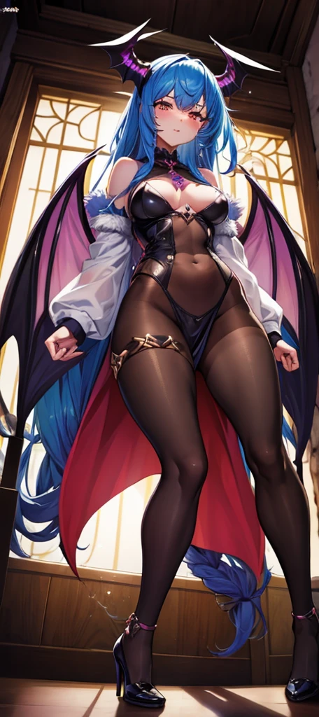 A colossal giantess succubus walks into a tiny city, breaking the floor and everything with her heels, she looks down and mocks you as you see from below her tiny tits and long legs covered all in transparent pantyhose, look down, evil, better quality, close, photo under her, tiny people, small humans, sexy, hot, long legs, hot legs, goddess succubus, massive succubus