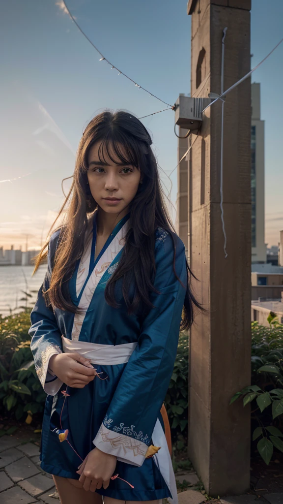 Official Art, unity 8k wallPaper, ultra detailed, beautiful and aesthetic, Masterpiece, Best Quality, (fire, water, Love, Paper cutting), (Fractal Art:1.3) 1 girl,building, (Alone:1.5), chino_Clothes, sky, outdoor, broad_sleeves, negro_Hair, sunset, (downward_leaves:1.2), antenna, (Paper_lantenna:1.5),blue sky, (outdoor:1.5),hanfu, (rainbow-candy:0.8), (magic-swirl-style:0.8), lol