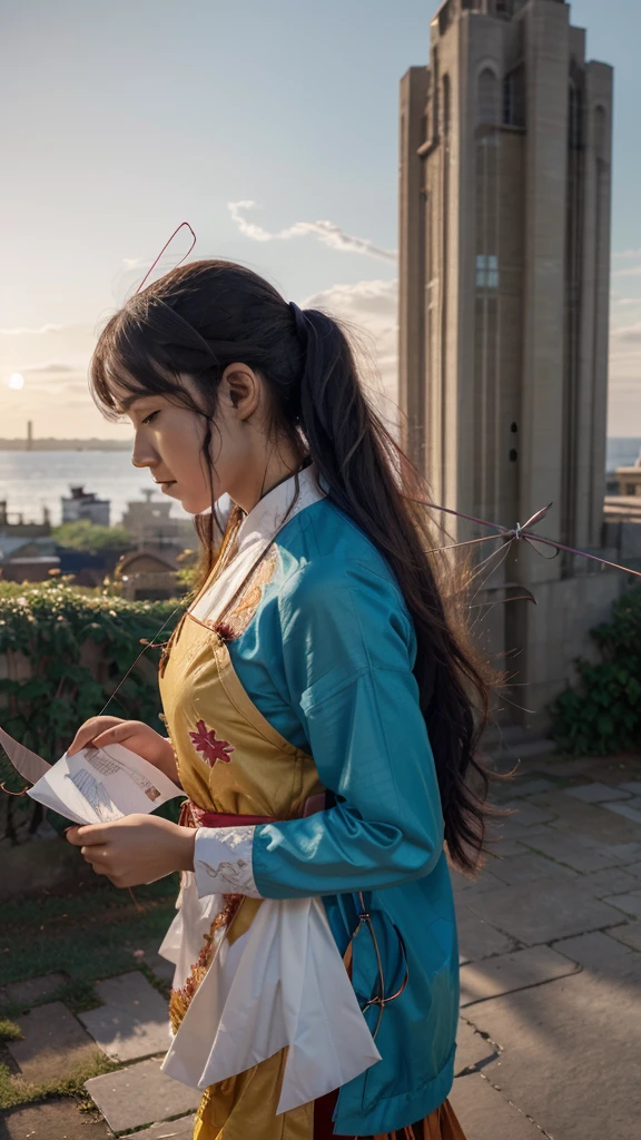Official Art, unity 8k wallPaper, ultra detailed, beautiful and aesthetic, Masterpiece, Best Quality, (fire, water, Love, Paper cutting), (Fractal Art:1.3) 1 girl,building, (Alone:1.5), chino_Clothes, sky, outdoor, broad_sleeves, negro_Hair, sunset, (downward_leaves:1.2), antenna, (Paper_lantenna:1.5),blue sky, (outdoor:1.5),hanfu, (rainbow-candy:0.8), (magic-swirl-style:0.8), lol