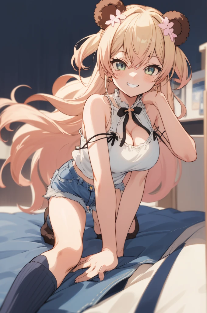 2d, masterpiece, best quality, anime, highly detailed face, highly detailed eyes, highly detailed background, perfect lighting, , 1girl, solo, , nene_official, bear ears, two side up, big breasts,grin,camisole,denim shorts,socks