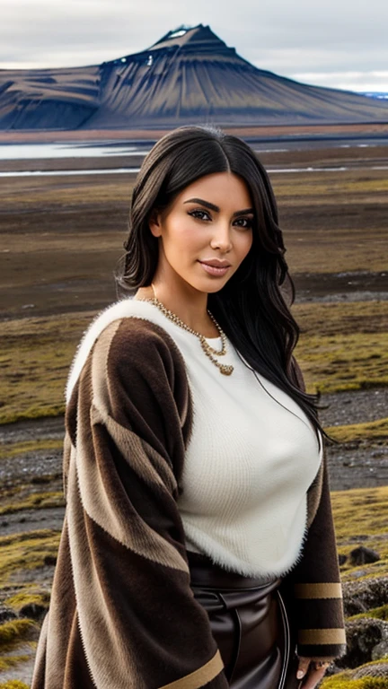 Kim Kardashian dressed in traditional Icelandic clothing and smiles sexy.
