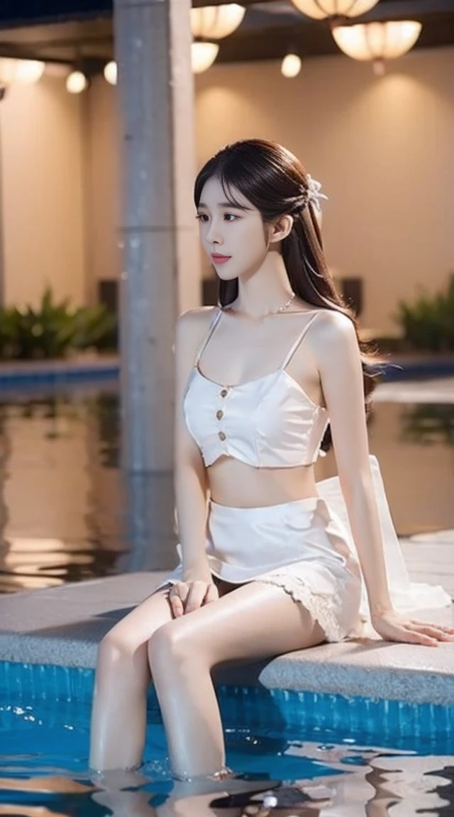 best picture quality，extremely high resolution，Very detailed，yoo inna, stunning girl，sitting in the pool，long eyelashes，big eyes，shining eyes，lying silkworm，plump lips，small nose，a happy expression，Sweet，Exquisite makeup，full-body shot，snow white skin，slim figure，take off shoulders，clavicle，abdomenband，abdomen，abdomen button，Slender white legs，White and tender skin，White embroidered mini skirt，necklace，Showing thighs，lace，Sweet，long hair flying，best quality，masterpiece，full-body shot，facial focus，slim figure，Thin waist white abdomenband，imagine，full-body shot
Model: Hanfu, CFG scale: 7, Hire high-end talents: 1.5, Laura: future fashion(0.4)、neon(0.4)、martial arts(0.8)、Asian Face Girls-2(0.4)、poetic fairy tale(0.01)