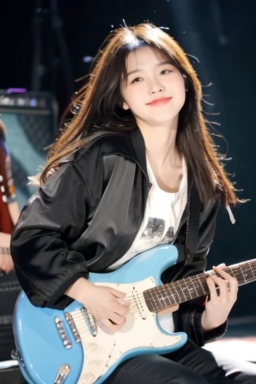 ((best quality)), ((masterpiece)), (detailed), 1girl, beautiful straight black long hair , beautiful smile ,sexy pose , standing position , rock jacket , top crop shirt , short pants , playing guitar , music studio background , rock guitar