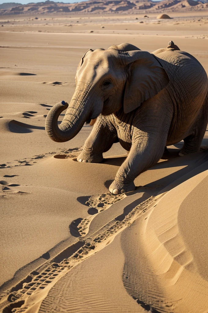 Un elephanteau dans le sable du désert je vejx voir ses pattes s enfoncer dans le sable