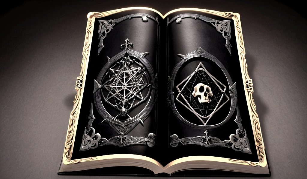 a book of spells , black, with bone frame