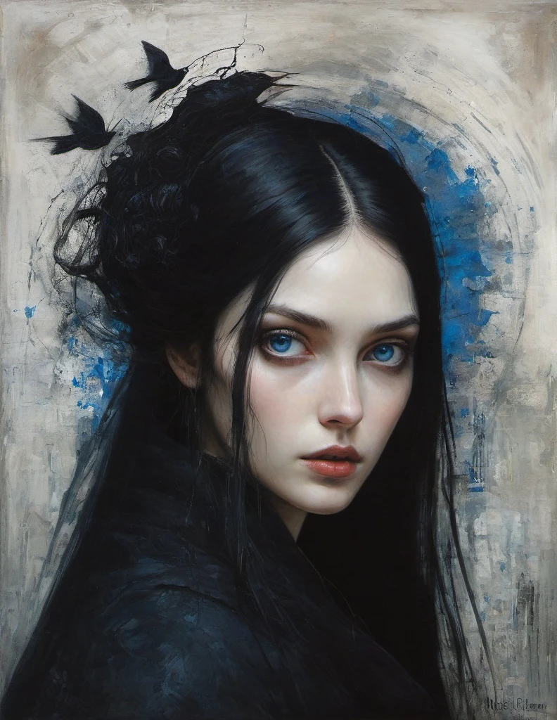 James Gurney, Surrealist art , dream-like, Mysterious, Provocative, symbolic, Complex, detailed,, (Gothic but very beautiful:1.4), (masterpiece, highest quality:1.4) , Nicola Samori Style, girl with long black hair, blue eyes, black coat