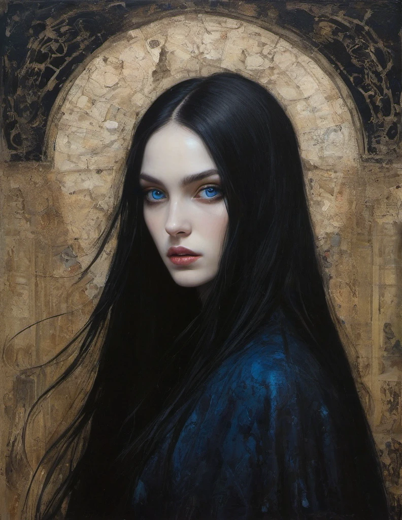 James Gurney, Surrealist art , dream-like, Mysterious, Provocative, symbolic, Complex, detailed,, (Gothic but very beautiful:1.4), (masterpiece, highest quality:1.4) , Nicola Samori Style, girl with long black hair, blue eyes, black coat