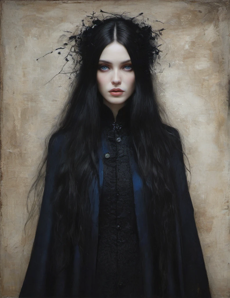 James Gurney, Surrealist art , dream-like, Mysterious, Provocative, symbolic, Complex, detailed,, (Gothic but very beautiful:1.4), (masterpiece, highest quality:1.4) , Nicola Samori Style, girl with long black hair, blue eyes, black coat