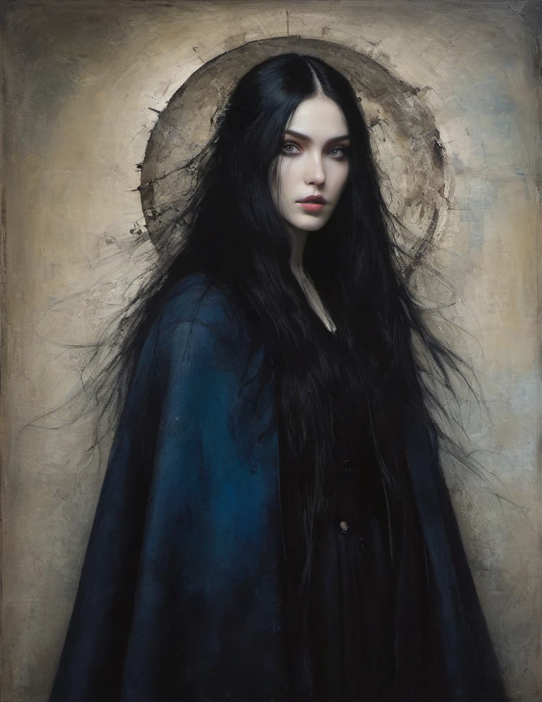 James Gurney, Surrealist art , dream-like, Mysterious, Provocative, symbolic, Complex, detailed,, (Gothic but very beautiful:1.4), (masterpiece, highest quality:1.4) , Nicola Samori Style, girl with long black hair, blue eyes, black coat
