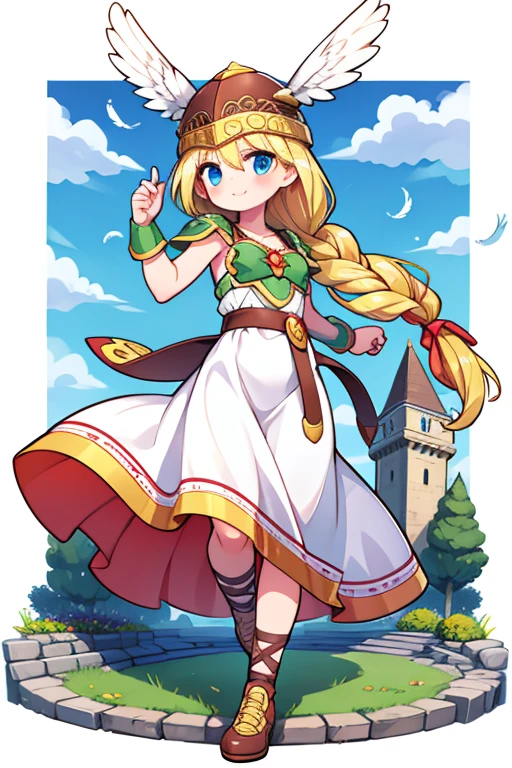 alone, one girl, Valkyrie, blonde, braid, single braid, cute, happy, nice smile, young, bright sunlight, Full body image, Are standing, dance, (masterpiece:1.2), best quality, masterpiece, top quality, looking at viewer, castle, castle gate, flowers, shining eyes, blonde hair, long hair, blush, white bird, feathers, sky, helmet