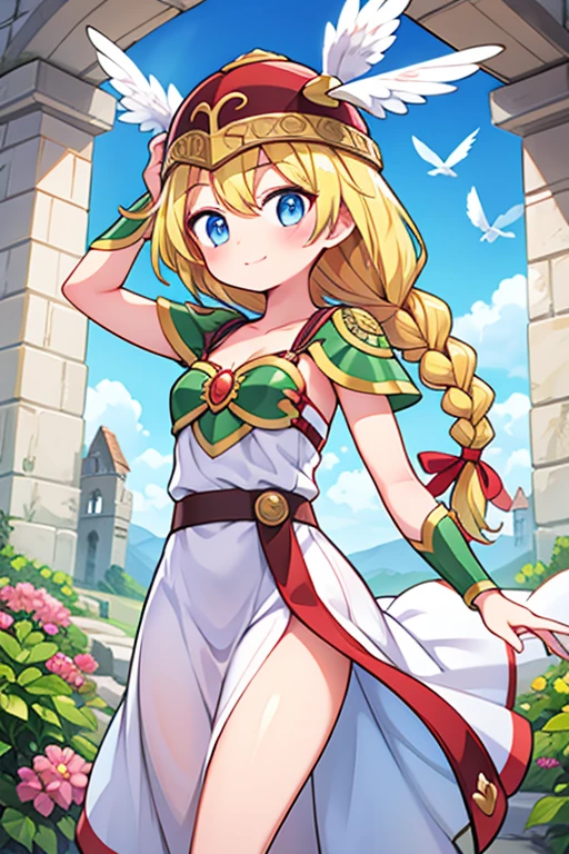 one girl, Valkyrie, blonde, single braid, cute, happy, nice smile, young, bright sunlight, Full body image, (masterpiece:1.2), best quality, masterpiece, top quality, looking at viewer, blush, white bird, feathers, fly in the sky, sky, helmet, shining eyes, open your mouth, White clouds, shining sun, floating in the air, panties, white panties