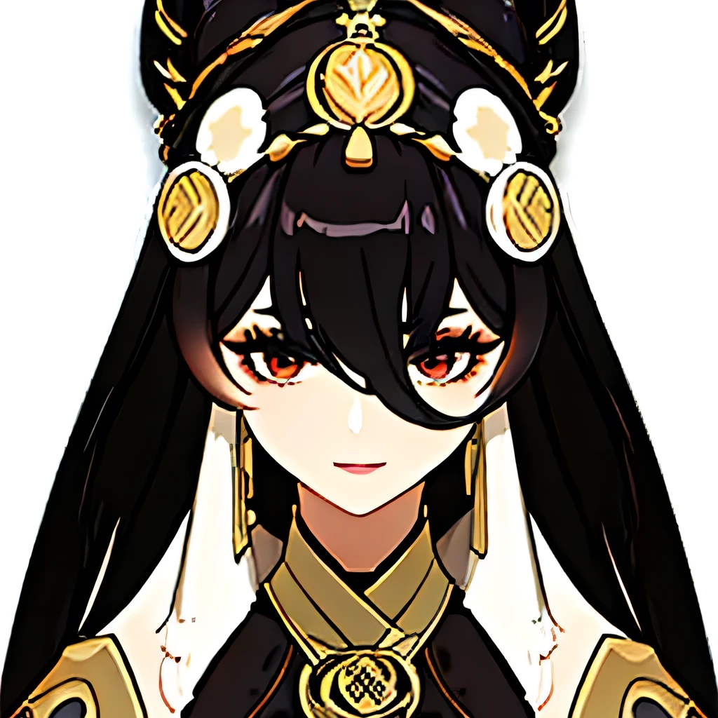 [a gorgeous, mature woman with a seductive smile and parted lips against a white background. She has sharp eyelashes, eyes browns, and long black hair with bangs. His figure is voluptuous, with a narrow waist, Broad Hips, and huge breasts. The image has an impact, Genshin-inspired style, rendered in high detail and HDR quality as a stunning work of art.