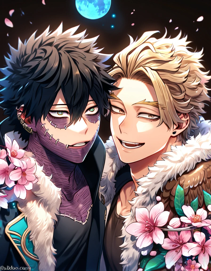 absurdres, highres, ultra detailed, HDR, master piece, best quality, extremely detailed face, delicated features, Hawks, ash blond hair, expressive brown eyes, Boku No Hero Academia, Dabi, black hair, expressive turquoise eyes, two sexy men together, yaoi, gay couple, handsome, brown jacket with fur, black tight shirt, black coat, fantasy, magic, radiant, blue moon, fireflies, blossoms, pink flowers