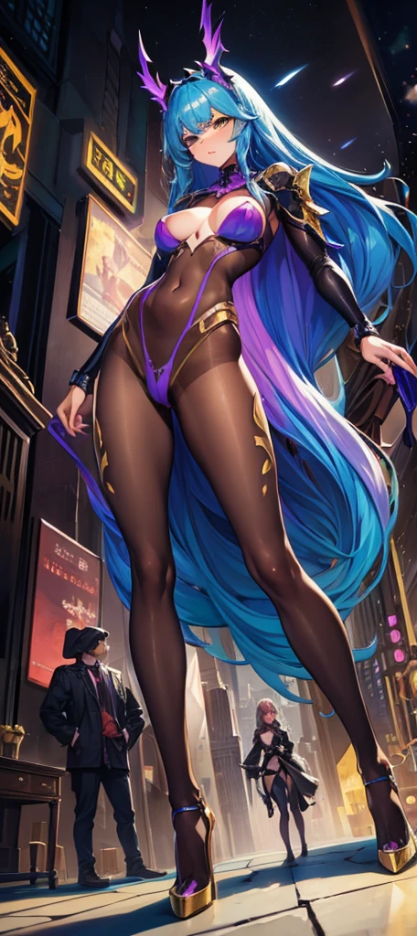 A colossal black giantess succubus walks into a tiny city, breaking the floor and everything with her heels, she looks down and mocks you as you see from below her tiny tits and long legs covered all in transparent pantyhose, look down, evil, better quality, close, photo under her, tiny people, small humans, sexy, hot, long legs, hot legs, giant succubbus, standing, tiny city, very black skin, african
