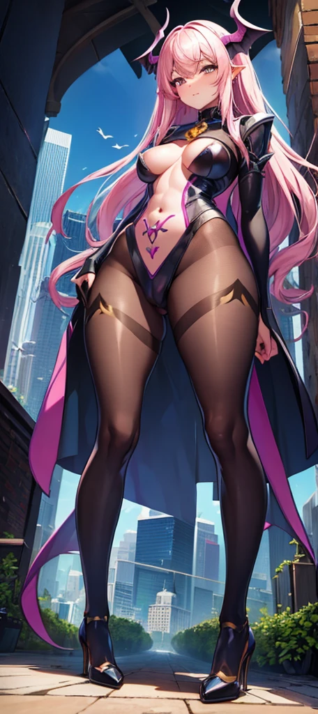 A colossal giantess succubus walks into a tiny city, breaking the floor and everything with her heels, she looks down and mocks you as you see from below her tiny tits and long legs covered all in transparent pantyhose, look down, evil, better quality, close, photo under her, tiny people, small humans, sexy, hot, long legs, hot legs, giant succubbus, standing, tiny city