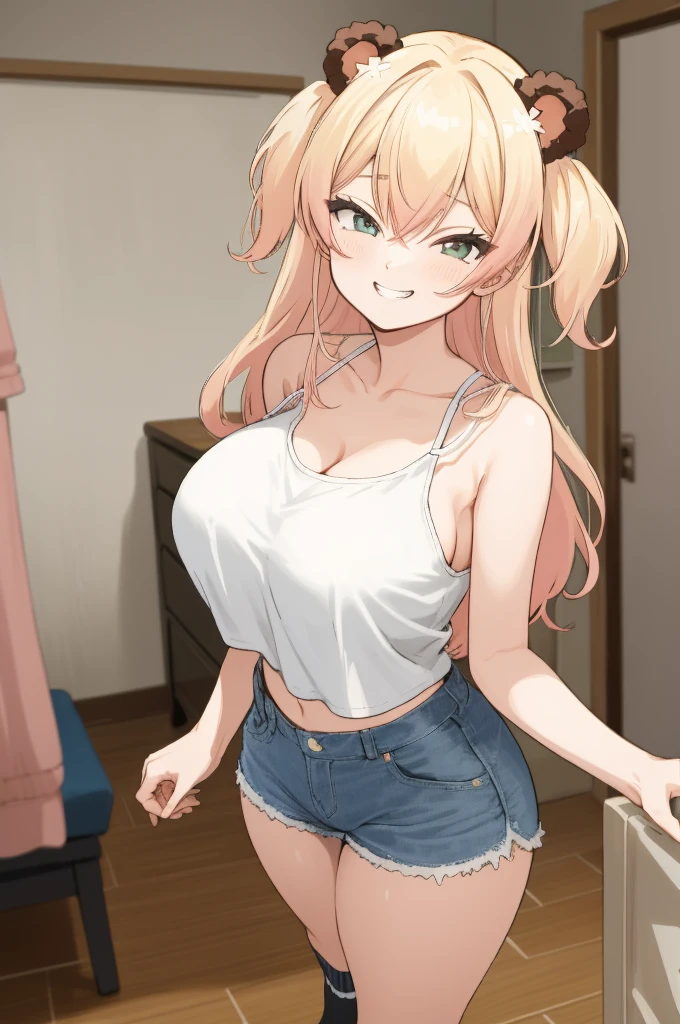 2d, masterpiece, best quality, anime, highly detailed face, highly detailed eyes, highly detailed background, perfect lighting, , 1girl, solo, , nene_official, bear ears, two side up, big breasts,grin,camisole,denim shorts,socks,standing,my room