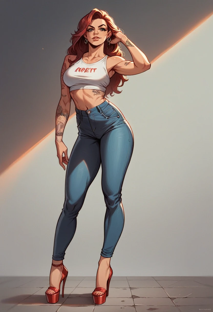 A 30 years old rich eastern European woman, with tattoos, wearing expensive clothes and high heels. She looks respected, authorative, confident. She is posing for an Instagram photo. Full body shot