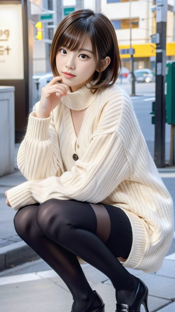 Photo taken by a professional photographer，Close-up of a woman squatting on the sidewalk with her legs crossed, kiko mizuhara, wearing a sweater, Shirahime cut brown hair, wearing a sweater, young and cute girl, japanese model, 白いwearing a sweater, Chiho, ランダムカラーのカジュアルなwearing a sweater,Cute ide waves with short hair, a cute young woman, cute young woman, black pantyhose，black tights，black high heels，