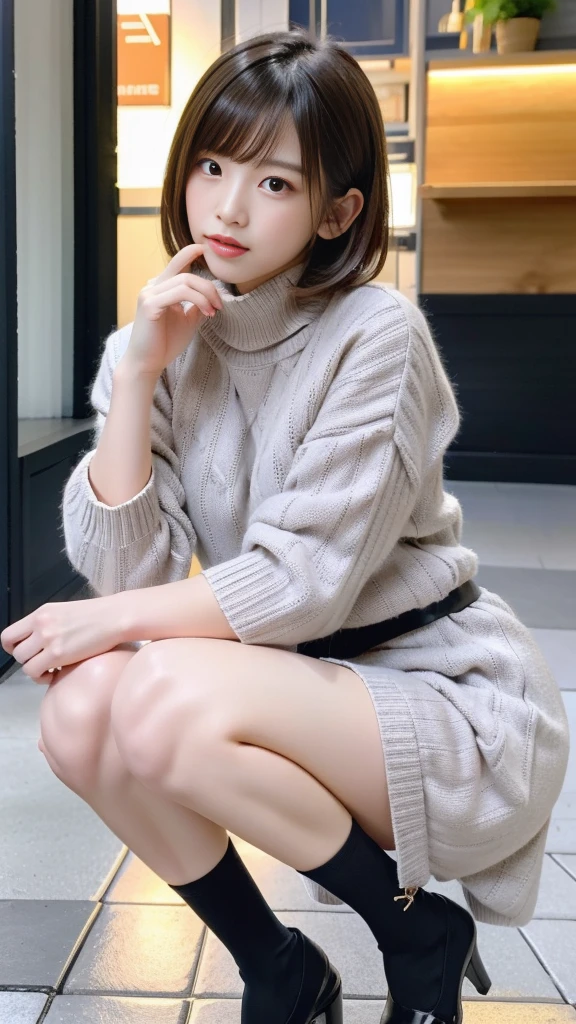 Photo taken by a professional photographer,Close-up of a woman squatting on the sidewalk with her legs crossed, kiko mizuhara, wearing a sweater, Shirahime cut brown hair, wearing a sweater, young and cute girl, japanese model, 白いwearing a sweater, Chiho, ランダムカラーのカジュアルなwearing a sweater,Cute ide waves with short hair, a cute young woman, cute young woman, black pantyhose,black tights,black high heels,