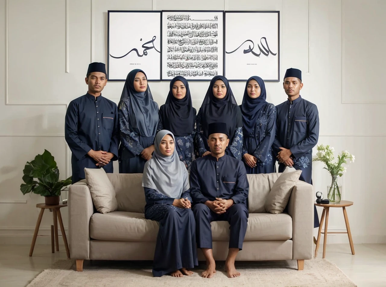 Family photo in Indonesia, eight members, father and mother sitting on a small sofa, four women and two 35-year-old men standing behind the sofa. They all wear coordinated navy Malay Muslim clothes and long hijab sharia robes with the same color and harmony. Realistic photo, minimalistic white wall background with two calligraphy frames, daylight, green flower vase, UHD, 32K 